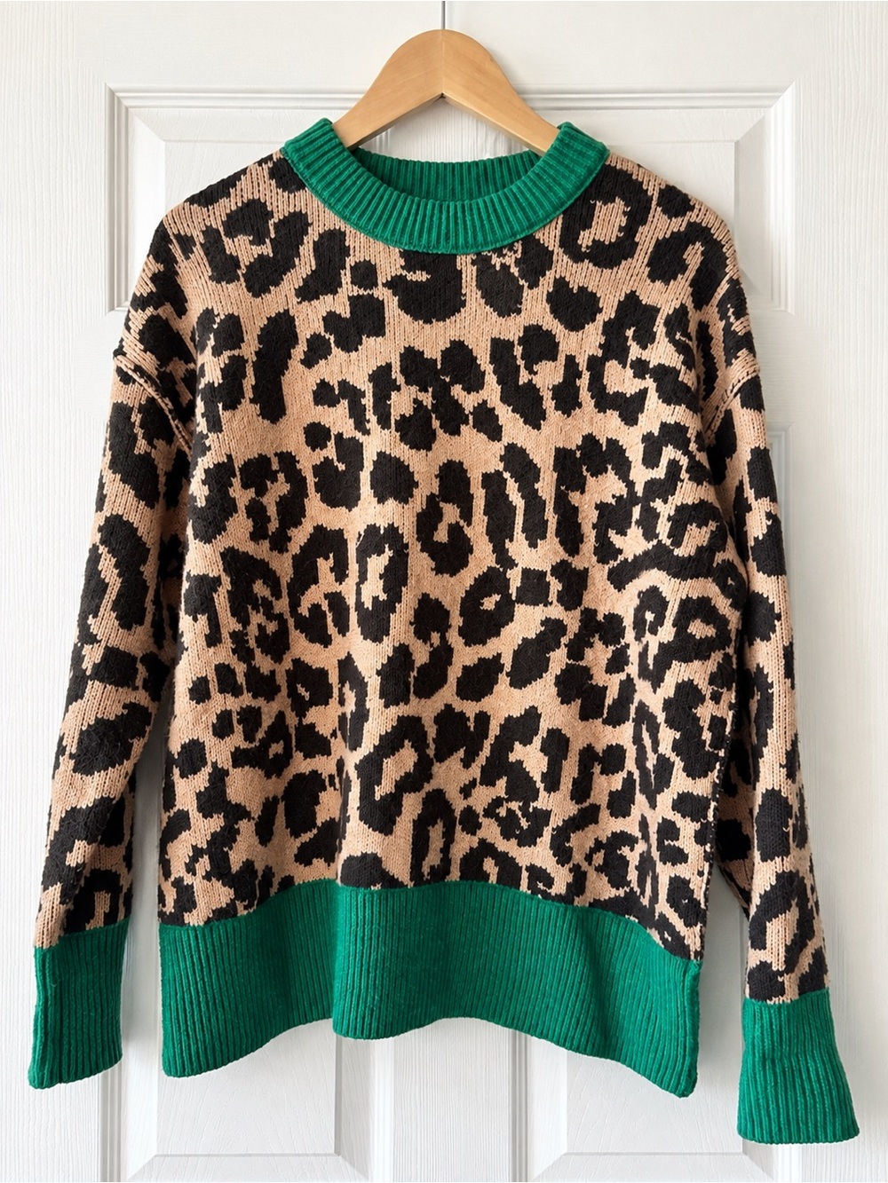 aerie Leopard Print Crewneck Sweater with Green Trim, xxs